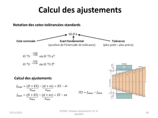 Calcul des ajustements
25/11/2021
ESTEM- Cotation-Ajustement / Pr. A.
AKHIATE
38
Notation des cotes tolérancées standards
Calcul des ajustements
 