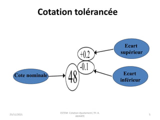Cotation tolérancée
Ecart
supérieur
Ecart
inférieur
Cote nominale
25/11/2021
ESTEM- Cotation-Ajustement / Pr. A.
AKHIATE
5
 