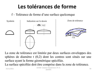 f – Tolérance de forme d’une surface quelconque
Symbole Indication sur le dessin Zone de tolérance
0,2
t
La zone de tolérance est limitée par deux surfaces enveloppes des
sphères de diamètre t (0,2) dont les centres sont situés sur une
surface ayant la forme géométrique spécifiée.
La surface spécifiée doit être comprise dans la zone de tolérance.
25/11/2021
ESTEM- Cotation-Ajustement / Pr. A.
AKHIATE
59
Les tolérances de forme
 