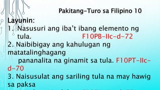 Pakitang-Turo sa Filipino 10
Layunin:
1. Nasusuri ang iba’t ibang elemento ng
tula. F10PB-IIc-d-72
2. Naibibigay ang kahulugan ng
matatalinghagang
pananalita na ginamit sa tula. F10PT-IIc-
d-70
3. Naisusulat ang sariling tula na may hawig
sa paksa
 