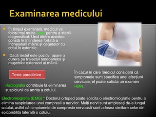  În timpul examinării, medicul va
folosi mai multe teste pentru a stabili
diagnosticul. Unul dintre acestea
constă în întinderea forţată a
încheieturii mâinii şi degetelor cu
cotul în extensie.
 Dacă testul este pozitiv, apare o
durere pe traiectul tendoanelor şi
muşchilor extensori ai mâinii.
Teste paraclinice
Radiografia contribuie la eliminarea
suspiciunii de artrita a cotului.
În cazul în care medicul consideră că
simptomele sunt specifice unei afecţiuni
cervicale, el poate solicita un examen
RMN.
Electromiografia (EMG) * Doctorul ortoped poate solicita o electromiografie pentru a
elimina suspiciunea unei compresii a nervilor. Mulţi nervi sunt amplasaţi de-a lungul
cotului, astfel că simptomele de compresie nervoasă sunt adesea similare celor din
epicondilita laterală o cotului.
 
