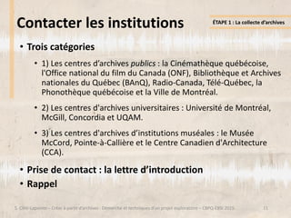 Contacter les institutions
11
• Trois catégories
• 1) Les centres d’archives publics : la Cinémathèque québécoise,
l'Offic...