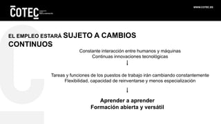 EL EMPLEO ESTARÁ SUJETO A CAMBIOS
CONTINUOS
Constante interacción entre humanos y máquinas
Continuas innovaciones tecnológ...