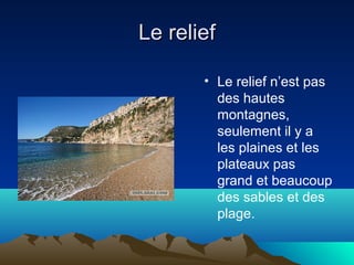 Le relief
• Le relief n’est pas
des hautes
montagnes,
seulement il y a
les plaines et les
plateaux pas
grand et beaucoup
des sables et des
plage.

 