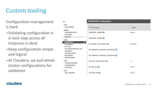 14© Cloudera, Inc. All rights reserved.
Configuration management
is hard
• Validating configuration is
in lock-step across all
instances is ideal
• Keep configuration simple
and logical
• At Cloudera, we pull whole
cluster configurations for
validation
Custom tooling
 