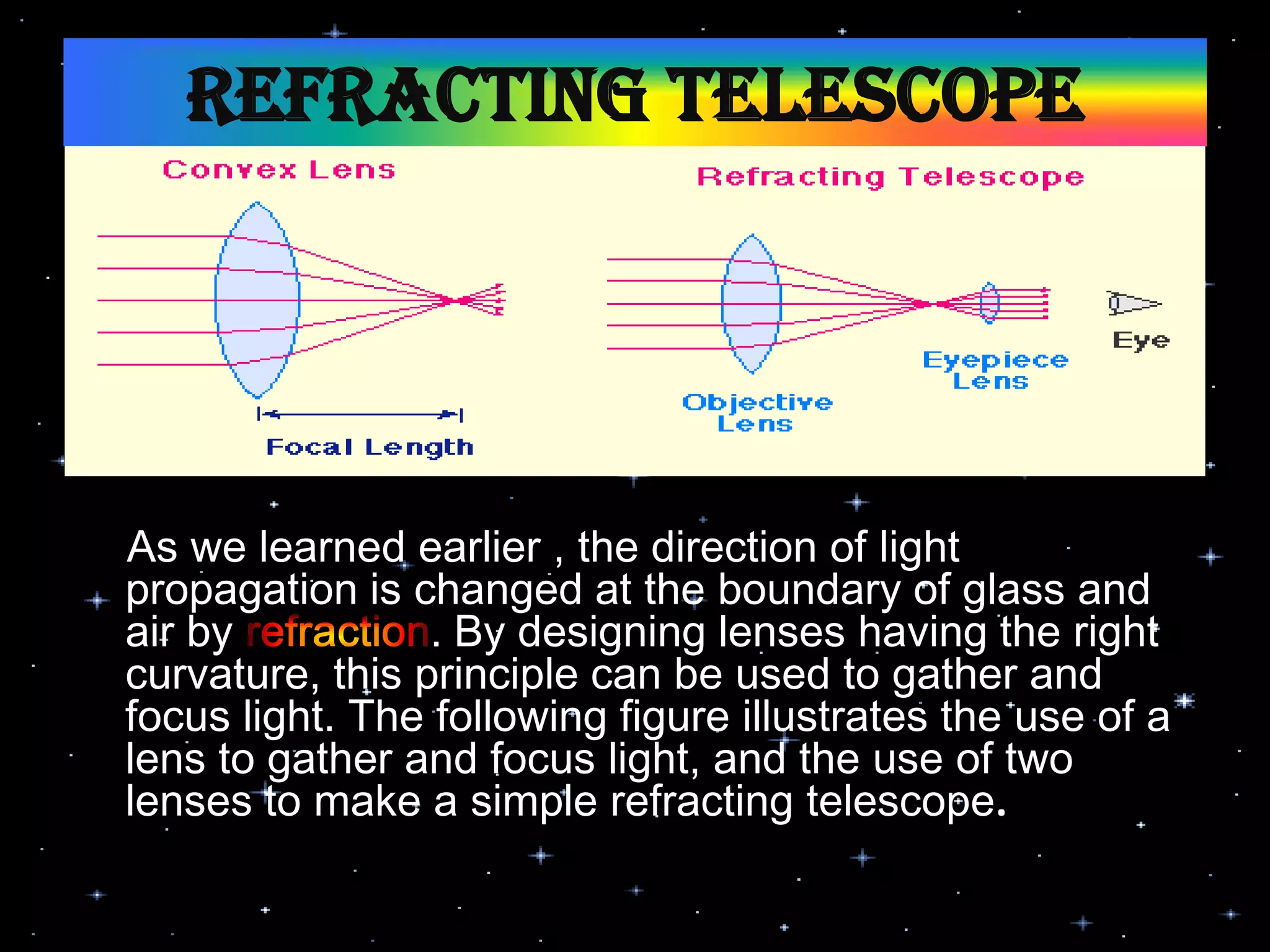 Refracting Telescope
As we learned earlier , the direction of light
propagation is changed at the boundary of glass and
air by
. By designing lenses having the right
curvature, this principle can be used to gather and
focus light. The following figure illustrates the use of a
lens to gather and focus light, and the use of two
lenses to make a simple refracting telescope.