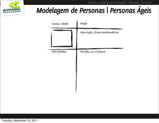 Análise e Design de Interação / Marcello Cardoso

                         Modelagem de Personas | Personas Ágeis
                              Nome, Idade   Papel

                                            descrição, frase emblemática




                              Atividades    Tarefas no sistema




Tuesday, September 13, 2011
 