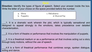 Quiz:
Direction: Identify the types of figure of speech. Select your answer inside the box.
Write the letter of your choice on the space provided before the number.
___1. It is a dramatic work wherein the plot, which is typically sensational and
designed to appeal strongly to the emotions, takes precedence over detailed
characterization.
___2. It is a form of theatre or performance that involves the manipulation of puppets.
___3. It is a theatrical medium or as a performance art that involves acting out a story
through body motions, without the use of speech.
___4.It is a form of theatrical performance that combines songs, spoken dialogue,
acting and dance.
 