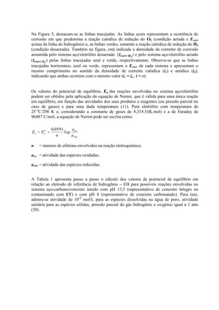 Na Figura 5, destacam-se as linhas tracejadas. As linhas azuis representam a ocorrência de
corrosão em que predomina a reação catódica de redução do O2 (condição aerada e Ecorr
acima da linha do hidrogênio) e, as linhas verdes, somente a reação catódica de redução do H2
(condição desaerada). Também na figura, está indicada a densidade de corrente de corrosão
assumida pelo sistema aço/eletrólito desaerado ) e pelo sistema aço/eletrólito aerado
( ) pelas linhas tracejadas azul e verde, respectivamente. Observa-se que as linhas
tracejadas horizontais, azul ou verde, representam o Ecorr de cada sistema e apresentam o
mesmo comprimento no sentido da densidade de corrente catódica (ic) e anódica (ia),
indicando que ambas ocorrem com o mesmo valor (ic = ia , i = o).
Os valores do potencial de equilíbrio, das reações envolvidas no sistema aço/eletrólito
podem ser obtidos pela aplicação da equação de Nernst, que é válida para uma única reação
em equilíbrio, em função das atividades dos seus produtos e reagentes (ou pressão parcial no
caso de gases) e para uma dada temperatura (11). Para eletrólito com temperatura de
25 o
C/298 K e, considerando a constante de gases de 8,314 J/(K.mol) e a de Faraday de
96487 C/mol, a equação de Nernst pode ser escrita como:
red
ox
o
e
e
a
a
log
n
,
E
E
0591
0
n = número de elétrons envolvidos na reação eletroquímica;
aox = atividade das espécies oxidadas;
ared = atividade das espécies reduzidas.
A Tabela 1 apresenta passo a passo o cálculo dos valores de potencial de equilíbrio em
relação ao eletrodo de referência de hidrogênio – EH para possíveis reações envolvidas no
sistema aço-carbono/concreto úmido com pH 13,5 (representativo de concreto íntegro ou
contaminado com Cl-
) e com pH 8 (representativo de concreto carbonatado). Para isso,
adotou-se atividade de 10-6
mol/L para as espécies dissolvidas na água de poro, atividade
unitária para as espécies sólidas, pressão parcial do gás hidrogênio e oxigênio igual a 1 atm
(30).
 