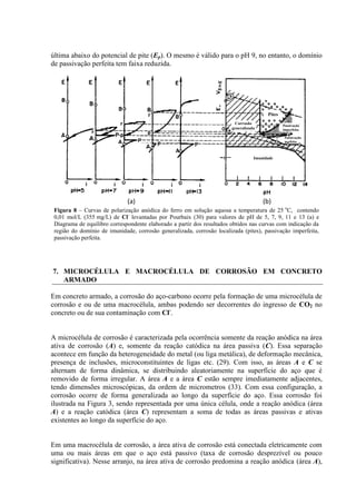 última abaixo do potencial de pite (Ep). O mesmo é válido para o pH 9, no entanto, o domínio
de passivação perfeita tem faixa reduzida.
(a) (b)
Figura 8 – Curvas de polarização anódica do ferro em solução aquosa a temperatura de 25 o
C, contendo
0,01 mol/L (355 mg/L) de Cl-
levantadas por Pourbaix (30) para valores de pH de 5, 7, 9, 11 e 13 (a) e
Diagrama de equilibro correspondente elaborado a partir dos resultados obtidos nas curvas com indicação da
região do domínio de imunidade, corrosão generalizada, corrosão localizada (pites), passivação imperfeita,
passivação perfeita.
7. MICROCÉLULA E MACROCÉLULA DE CORROSÃO EM CONCRETO
ARMADO
Em concreto armado, a corrosão do aço-carbono ocorre pela formação de uma microcélula de
corrosão e ou de uma macrocélula, ambas podendo ser decorrentes do ingresso de CO2 no
concreto ou de sua contaminação com Cl-
.
A microcélula de corrosão é caracterizada pela ocorrência somente da reação anódica na área
ativa de corrosão (A) e, somente da reação catódica na área passiva (C). Essa separação
acontece em função da heterogeneidade do metal (ou liga metálica), de deformação mecânica,
presença de inclusões, microconstituintes de ligas etc. (29). Com isso, as áreas A e C se
alternam de forma dinâmica, se distribuindo aleatoriamente na superfície do aço que é
removido de forma irregular. A área A e a área C estão sempre imediatamente adjacentes,
tendo dimensões microscópicas, da ordem de micrometros (33). Com essa configuração, a
corrosão ocorre de forma generalizada ao longo da superfície do aço. Essa corrosão foi
ilustrada na Figura 3, sendo representada por uma única célula, onde a reação anódica (área
A) e a reação catódica (área C) representam a soma de todas as áreas passivas e ativas
existentes ao longo da superfície do aço.
Em uma macrocélula de corrosão, a área ativa de corrosão está conectada eletricamente com
uma ou mais áreas em que o aço está passivo (taxa de corrosão desprezível ou pouco
significativa). Nesse arranjo, na área ativa de corrosão predomina a reação anódica (área A),
Corrosão
generalizada
Passivação
imperfeita
Pites
Passivação
perfeita
Imunidade
 