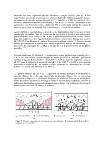 enquanto, nas áreas adjacentes passivas predomina a reação catódica (área C). A área
superficial do aço em A é usualmente bem inferior à da área C, esta última podendo chegar a
até um metro de extensão segundo Broomfield (17) e Bertolini et al. (3). No entanto, devido à
influência da resistividade elétrica do concreto, a área A e a C se limitam a milímetros ou em
centímetros (33). Conforme outros estudos (34-35), a resistividade elétrica do volume de
concreto que recobre a armadura é fator predominante na corrente da macrocélula.
A corrente total na macrocélula de corrosão é a soma da corrente da macrocélula e da corrente
gerada pela microcélula (área A). A corrente da macrocélula é devido a uma diferença de
potencial elétrico entre a área A e a C. A área C, polarizada catodicamente, assume valor de
Ecorr mais negativo e, a área A, polarizada anodicamente, assume valor de Ecorr mais positivo
(4,34,36-37). Essa diferença de potencial determina o sentido da corrente (I). Outros possíveis
fatores que determinam a corrente total seriam a resistência elétrica do concreto (Rcon), a
resistência de polarização do aço (Rp), a posição de A e C (mesmo plano ou em planos
paralelos) (37).
Segundo a prática de Bertolini et al. (3), em estruturas aéreas, a diferença de potencial entre A
e C de uma macrocélula de corrosão pode ser maior que 0,300 V, podendo a polarização
catódica do aço em A atingir valores entre 0,200 V a 0,300 V. Também na prática, Zhang et
al (38) citam a diferença de potencial entre A e C de 0,100 V a 0,150 V para corrosão
decorrente de ataque de Cl-
. No caso de corrosão decorrente da carbonatação do concreto,
Ribeiro (36) obteve uma diferença de até 0,650 V.
A Figura 9, adaptada de Cao et al. (4), apresenta um modelo formação de microcélula de
corrosão (Figura 9a) e de uma macrocélula de corrosão (Figura 9b). A microcélula
apresentada na Figura 9a é usualmente decorrente do avanço da frente de carbonatação de
forma descontínua em razão da presença de zonas de maior heterogeneidade no concreto de
cobrimento da armadura. A macrocélula apresentada na Figura 9b é usualmente decorrente da
concentração variável de Cl-
na superfície do aço.
Ia = corrente anódica Ic = corrente catódica, A - Área anódica C - Área catódica
(a) (b)
Figura 9 – Desenho esquemático de formação de uma microcélula (a) e de uma macrocélula de corrosão (b)
(adaptado de Cao et al. (4)).
A C
C A
Ic = Ia
CO2
A C
C
Ia >> Ic
Cl- Ic > Ia
Ic > Ia
Aço-carbono
 