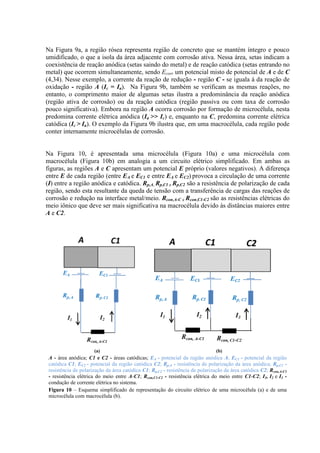 Na Figura 9a, a região rósea representa região de concreto que se mantém íntegro e pouco
umidificado, o que a isola da área adjacente com corrosão ativa. Nessa área, setas indicam a
coexistência de reação anódica (setas saindo do metal) e de reação catódica (setas entrando no
metal) que ocorrem simultaneamente, sendo Ecorr um potencial misto de potencial de A e de C
(4,34). Nesse exemplo, a corrente da reação de redução - região C - se iguala à da reação de
oxidação - região A (Ic = Ia). Na Figura 9b, também se verificam as mesmas reações, no
entanto, o comprimento maior de algumas setas ilustra a predominância da reação anódica
(região ativa de corrosão) ou da reação catódica (região passiva ou com taxa de corrosão
pouco significativa). Embora na região A ocorra corrosão por formação de microcélula, nesta
predomina corrente elétrica anódica (Ia >> Ic) e, enquanto na C, predomina corrente elétrica
catódica (Ic > Ia). O exemplo da Figura 9b ilustra que, em uma macrocélula, cada região pode
conter internamente microcélulas de corrosão.
Na Figura 10, é apresentada uma microcélula (Figura 10a) e uma microcélula com
macrocélula (Figura 10b) em analogia a um circuito elétrico simplificado. Em ambas as
figuras, as regiões A e C apresentam um potencial E próprio (valores negativos). A diferença
entre E de cada região (entre EA e EC1 e entre EA e EC2) provoca a circulação de uma corrente
(I) entre a região anódica e catódica. Rp,A, Rp,C1 e Rp,C2 são a resistência de polarização de cada
região, sendo esta resultante da queda de tensão com a transferência de cargas das reações de
corrosão e redução na interface metal/meio. Rcon,A-C e Rcon,C1-C2 são as resistências elétricas do
meio iônico que deve ser mais significativa na macrocélula devido às distâncias maiores entre
A e C2.
(a) (b)
A - área anódica; C1 e C2 - áreas catódicas; EA - potencial da região anódica A; EC1 - potencial da região
catódica C1; EC2 - potencial da região catódica C2; Rp,A - resistência de polarização da área anódica; Rp,C1 -
resistência de polarização da área catódica C1; Rp,C2 - resistência de polarização da área catódica C2; Rcon,A-C1
- resistência elétrica do meio entre A-C1; Rcon,C1-C2 - resistência elétrica do meio entre C1-C2; I1, I2 e I3 -
condução de corrente elétrica no sistema.
Figura 10 – Esquema simplificado de representação do circuito elétrico de uma microcélula (a) e de uma
microcélula com macrocélula (b).
 