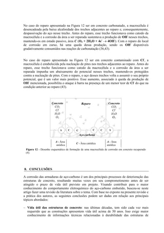 No caso do reparo apresentado na Figura 12 ser em concreto carbonatado, a macrocélula é
desencadeada pela baixa alcalinidade dos trechos adjacentes ao reparo e, consequentemente,
despassivação do aço nesse trecho. Antes do reparo, esse trecho funcionava como catodo da
macrocélula e a corrosão da área a ser reparada sustentava a produção de OH-
nesses trechos,
mantendo-os em estado passivo, área C (O2 + 2H2O + 4e-
4OH-
). Com o reparo do local
de corrosão em curso, há uma queda dessa produção, sendo os OH-
disponíveis
gradativamente consumidos nas reações de carbonatação (36,43).
No caso do reparo apresentado na Figura 12 ser em concreto contaminado com Cl-
, a
macrocélula é estabelecida pela nucleação de pites nos trechos adjacentes ao reparo. Antes do
reparo, esse trecho funcionava como catodo da macrocélula e a corrosão da área a ser
reparada impunha um abaixamento do potencial nesses trechos, mantendo-os protegidos
contra a nucleação de pites. Com o reparo, o aço desses trechos volta a assumir o seu próprio
potencial, que é um valor mais positivo. Esse aumento, associado à queda da produção de
OH-
mencionada, possibilita o ataque à barra na presença de um menor teor de Cl-
do que na
condição anterior ao reparo (43).
A - Área
anódica
C - Área catódica
A - Área
anódica
Figura 12 - Desenho esquemático de formação de uma macrocélula de corrosão em concreto recuperado
(4).
8. CONCLUSÕES
A corrosão das armaduras de aço-carbono é um dos principais processos de deterioração das
estruturas de concreto, resultando muitas vezes em seu comprometimento antes de ser
atingido o prazo de vida útil previsto em projeto. Visando contribuir para o maior
conhecimento do comportamento eletroquímico do aço-carbono embutido, buscou-se neste
artigo fazer uma revisão da literatura sobre o tema. Com base no exposto na presente revisão e
a prática dos autores, as seguintes conclusões podem ser dadas em relação aos principais
tópicos abordados:
Vida útil das estruturas de concreto: nas últimas décadas, tem sido cada vez mais
requerido que as construções apresentem vida útil acima de 50 anos. Isso exige maior
conhecimento de informações técnicas relacionadas à durabilidade das estruturas de
C
C
C
A A
C
Reparo Concreto
CO2
Cl-
H2O
O2
Concreto
CO2
Cl-
H2O
O2
Aço-carbono
 