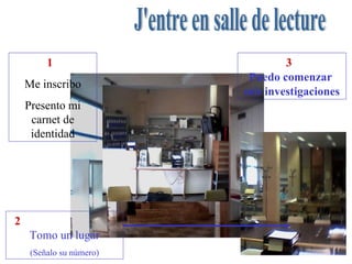 1   Me inscribo Presento mi carnet de identidad 2   Tomo un lugar (Señalo su número) 3  Puedo comenzar  mis investigaciones J'entre en salle de lecture 