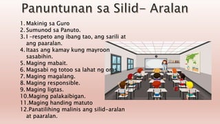 1. Makinig sa Guro
2. Sumunod sa Panuto.
3. I –respeto ang ibang tao, ang sarili at
ang paaralan.
4. Itaas ang kamay kung mayroon
sasabihin.
5. Maging mabait.
6. Magsabi ng totoo sa lahat ng oras.
7. Maging magalang.
8. Maging responsible.
9. Maging ligtas.
10.Maging palakaibigan.
11.Maging handing matuto
12.Panatilihing malinis ang silid-aralan
at paaralan.
 