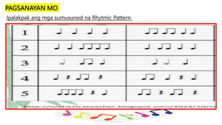 PAGSANAYAN MO
Ipalakpak ang mga sumusunod na Rhytmic Pattern.
 
