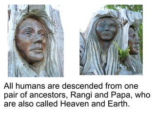 All humans are descended from one pair of ancestors, Rangi and Papa, who are also called Heaven and Earth.     