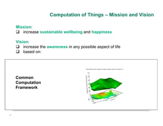 Computation of Things – Mission and Vision

     Mission:
      increase sustainable wellbeing and happiness

     Vision:
      increase the awareness in any possible aspect of life
      based on:




     Common
     Computation
     Framework




16
 