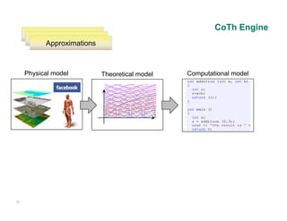 CoTh Engine
             Models
           Assumptions
           Approximations
           A     i ti



     Physical model         Theoretical model   Computational model


                                                  computational
                                                     p
                                                     model




33
 