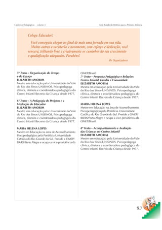 Cadernos Pedagógicos – volume 4                                     Série Fundo do Milênio para a Primeira Infância




             Colega Educador!
               Você conseguiu chegar ao final de mais uma jornada em sua vida.
               Muitas outras a sucederão e novamente, com esforço e dedicação, você
             vencerá, trilhando livre e criativamente os caminhos do seu crescimento
             e qualiaficação adequados. Parabéns!
                                                                              Os Organizadores



  5º Texto – Organização do Tempo                    OMEP/Brasil.
  e do Espaço                                        7º Texto – Proposta Pedagógica e Relações
  ELIZABETH AMORIM                                   Centro Infantil, Família e Comunidade
  Mestre em educação pela Universidade do Vale       ELIZABETH AMORIM
  do Rio dos Sinos-UNISINOS. Psicopedagoga           Mestra em educação pela Universidade do Vale
  clínica, diretora e coordenadora pedagógica do     do Rio dos Sinos-UNISINOS. Psicopedagoga
  Centro Infantil Recreio da Criança desde 1977.     clínica, diretora e coordenadora pedagógica do
                                                     Centro Infantil Recreio da Criança desde 1977.
  6º Texto – A Pedagogia de Projetos e a
  Mediação do Educador                               MARIA HELENA LOPES
  ELIZABETH AMORIM                                   Mestre em Educação na área de Aconselhamento
  Mestre em educação pela Universidade do Vale       Psicopedagógico pela Pontifícia Universidade
  do Rio dos Sinos-UNISINOS. Psicopedagoga           Católica do Rio Grande do Sul. Preside a OMEP/
  clínica, diretora e coordenadora pedagógica do     BR/RS/Porto Alegre e ocupa a vice-presidência da
  Centro Infantil Recreio da Criança desde 1977.     OMEP/Brasil.

  MARIA HELENA LOPES                                 8º Texto – Acompanhamento e Avaliação
  Mestre em Educação na área de Aconselhamento       das Crianças no Centro Infantil
  Psicopedagógico pela Pontifícia Universidade       ELIZABETH AMORIM
  Católica do Rio Grande do Sul. Preside a OMEP/     Mestre em educação pela Universidade do Vale
  BR/RS/Porto Alegre e ocupa a vice-presidência da   do Rio dos Sinos-UNISINOS. Psicopedagoga
                                                     clínica, diretora e coordenadora pedagógica do
                                                     Centro Infantil Recreio da Criança desde 1977.




                                                                                                             93
 