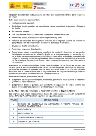 Página 35 de 213
obligación de cotizar con particularidades en ésta o bien suponen la extinción de la obligación
de cotizar.
Entre estas situaciones se encuentran:
Huelga legal (total o parcial).
Contratos a tiempo parcial en los supuestos de trabajo concentrado en períodos inferiores a
los de alta.
Funcionarios públicos:
Con cotización exclusiva por trienios en situación de servicios especiales.
Permiso sin sueldo, suspensión de servicios provisional y firme.
Periodos de inactividad de trabajadores incluidos en el Régimen Especial de Minería no
computables a efecto del cálculo de reducciones de la edad de jubilación.
Situaciones de alta sin retribución.
Reservistas en período de activación.
Suspensiones totales o parciales por expediente de regulación de empleo en las que los
trabajadores permanezcan en situación de alta en la empresa aunque no se perciba por
parte de los trabajadores prestación económica por desempleo, teniendo los empresarios la
obligación de cotizar por dichos trabajadores, bien porque así se estableció en el acuerdo
del Expediente de Regulación de Empleo, bien porque así lo determinan por cualquier otra
circunstancia.
Además de las situaciones anteriores existen otras situaciones de inactividad por las que, con
carácter general, se mantiene la situación de alta de los trabajadores y la obligación de cotizar
pero que los empresarios no deben realizar, salvo supuestos específicos, una comunicación
específica ante la Tesorería General de la Seguridad Social, sin perjuicio de las obligaciones de
comunicación de estas situaciones ante las Entidades Gestoras.
Estas situaciones son, básicamente, las de:
Suspensión por incapacidad temporal, maternidad, paternidad, riesgo durante el embarazo
y durante la lactancia natural,
Suspensiones totales o parciales por expediente de regulación de empleo durante las
cuales el trabajador es perceptor de prestaciones por desempleo.
2.3.2.1.12.2 Cómo se comunica a la Tesorería General de la Seguridad Social
Las empresas que tengan trabajadores en alguna de estas situaciones, deberán completar el
campo TIPO DE INACTIVIDAD con alguno de los siguientes valores:
VALOR DENOMINACIÓN
1 PERÍODO DE INACTIVIDAD EN CONTRATOS A TIEMPO PARCIAL DE
TRABAJO CONCENTRADO
2 HUELGA TOTAL
3 HUELGA PARCIAL
4 TRIENIOS DE FUNCIONARIO
5 AUSENCIA DEL TRABAJO
 