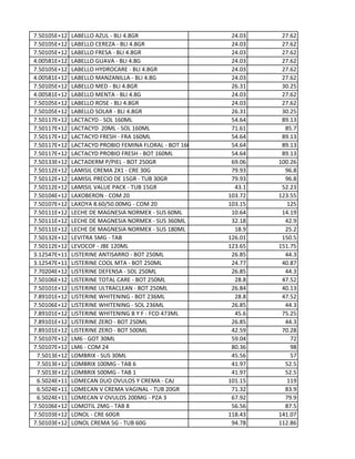 7.50105E+12 LABELLO AZUL - BLI 4.8GR 24.03 27.62
7.50105E+12 LABELLO CEREZA - BLI 4.8GR 24.03 27.62
7.50105E+12 LABELLO FRESA - BLI 4.8GR 24.03 27.62
4.00581E+12 LABELLO GUAVA - BLI 4.8G 24.03 27.62
7.50105E+12 LABELLO HYDROCARE - BLI 4.8GR 24.03 27.62
4.00581E+12 LABELLO MANZANILLA - BLI 4.8G 24.03 27.62
7.50105E+12 LABELLO MED - BLI 4.8GR 26.31 30.25
4.00581E+12 LABELLO MENTA - BLI 4.8G 24.03 27.62
7.50105E+12 LABELLO ROSE - BLI 4.8GR 24.03 27.62
7.50105E+12 LABELLO SOLAR - BLI 4.8GR 26.31 30.25
7.50117E+12 LACTACYD - SOL 160ML 54.64 89.13
7.50117E+12 LACTACYD 20ML - SOL 160ML 71.61 85.7
7.50117E+12 LACTACYD FRESH - FRA 160ML 54.64 89.13
7.50117E+12 LACTACYD PROBIO FEMINA FLORAL - BOT 160ML 54.64 89.13
7.50117E+12 LACTACYD PROBIO FRESH - BOT 160ML 54.64 89.13
7.50133E+12 LACTADERM P/PIEL - BOT 250GR 69.06 100.26
7.50112E+12 LAMISIL CREMA 2X1 - CRE 30G 79.93 96.8
7.50112E+12 LAMISIL PRECIO DE 15GR - TUB 30GR 79.93 96.8
7.50112E+12 LAMISIL VALUE PACK - TUB 15GR 43.1 52.23
7.50104E+12 LAXOBERON - COM 20 103.72 123.55
7.50107E+12 LAXOYA 8.60/50.00MG - COM 20 103.15 125
7.50111E+12 LECHE DE MAGNESIA NORMEX - SUS 60ML 10.64 14.19
7.50111E+12 LECHE DE MAGNESIA NORMEX - SUS 360ML 32.18 42.9
7.50111E+12 LECHE DE MAGNESIA NORMEX - SUS 180ML 18.9 25.2
7.50132E+12 LEVITRA 5MG - TAB 126.01 150.5
7.50112E+12 LEVOCOF - JBE 120ML 123.65 151.75
3.12547E+11 LISTERINE ANTISARRO - BOT 250ML 26.85 44.3
3.12547E+11 LISTERINE COOL MTA - BOT 250ML 24.77 40.87
7.70204E+12 LISTERINE DEFENSA - SOL 250ML 26.85 44.3
7.50106E+12 LISTERINE TOTAL CARE - BOT 250ML 28.8 47.52
7.50101E+12 LISTERINE ULTRACLEAN - BOT 250ML 26.84 40.13
7.89101E+12 LISTERINE WHITENING - BOT 236ML 28.8 47.52
7.50106E+12 LISTERINE WHITENING - SOL 236ML 26.85 44.3
7.89101E+12 LISTERINE WHITENING B Y F - FCO 473ML 45.6 75.25
7.89101E+12 LISTERINE ZERO - BOT 250ML 26.85 44.3
7.89101E+12 LISTERINE ZERO - BOT 500ML 42.59 70.28
7.50107E+12 LM6 - GOT 30ML 59.04 72
7.50107E+12 LM6 - COM 24 80.36 98
7.5013E+12 LOMBRIX - SUS 30ML 45.56 57
7.5013E+12 LOMBRIX 100MG - TAB 6 41.97 52.5
7.5013E+12 LOMBRIX 500MG - TAB 1 41.97 52.5
6.5024E+11 LOMECAN DUO OVULOS Y CREMA - CAJ 101.15 119
6.5024E+11 LOMECAN V CREMA VAGINAL - TUB 20GR 71.32 83.9
6.5024E+11 LOMECAN V OVULOS 200MG - PZA 3 67.92 79.9
7.50106E+12 LOMOTIL 2MG - TAB 8 56.56 87.5
7.50103E+12 LONOL - CRE 60GR 118.43 141.07
7.50103E+12 LONOL CREMA 5G - TUB 60G 94.78 112.86
 