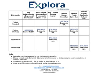 Email. recepcion@exploracun.com
ventas@exploracun.com web: www.exploracun.com
Oficina: Calle 5 N° 5-44 .Centro
Celular: 3142462455 3125515695
Villeta- Cundinamarca
Nota:
 Las pautas mencionadas ya vienen con los descuentos aplicados.
 El pago por cada pauta Comercial, Gubernamental o Empresarial se dará a dos cuotas según acordado con el
vendedor autorizado.
 Si pauta con el periódico por 1 año se le hace un descuento del 10 %
 Anexo al periódico entrara información en la página www.exploracun.com
Distribución
Pág.
Gubernamental
o Empresarial
26cm x 23cm
Media Página
Gubernamental
O empresarial
26cm x 12 cm
Pág. Turística
Portada
Interior
Tamaño
Banner
12cm x 6cm
Tamaño
Tarjeta
9cm x 5cm
Tamaño
Banner
Clasificados
12.5cm x
6cm
Portada
Principal
$ 120.000.00
Descuento
10%
Páginas
interiores
$800.000.00
Descuento 20%
$500.000.00
Descuento
15%
$750.000.00
Descuento
25%
$40.000.00
Descuento
30%
Página Social
$750.000.00
Descuento
25%
Clasificados
$50.000.00
Descuento
20%
$100.000.00
Descuento
30%
 