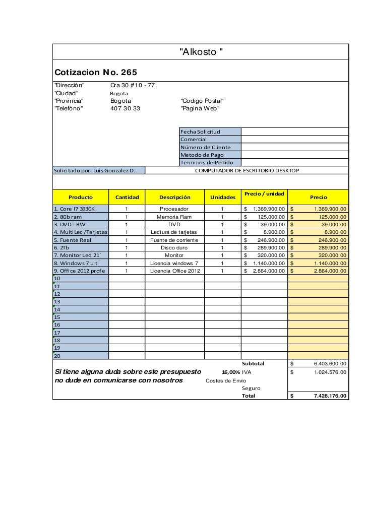 cotizaciones formato de cotizacion para llenar