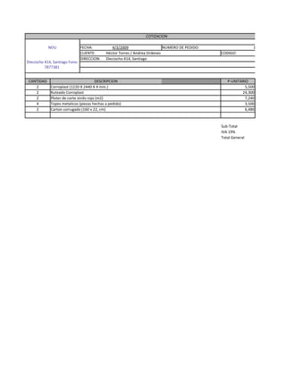 COTIZACION

            NOU                 FECHA:          4/3/2009                    NUMERO DE PEDIDO:                   1
                                CLIENTE:     Héctor Torres / Andrea Ordenes                     CODIGO:
                                DIRECCION:   Dieciocho 414, Santiago
Dieciocho 414, Santiago Fono:
          7877381


 CANTIDAD                               DESCRIPCION                                                P-UNITARIO
    2        Corroplast (1220 X 2440 X 4 mm.)                                                               5,500
    2        Ruteado Corroplast                                                                           24,300
    2        Ploter de corte vinilo rojo (m2)                                                               7,240
    4        Topes metalicos (piezas hechas a pedido)                                                       3,500
    2        Carton corrugado (160 x 22, cm)                                                                6,480



                                                                                                Sub-Total
                                                                                                IVA 19%
                                                                                                Total General
 