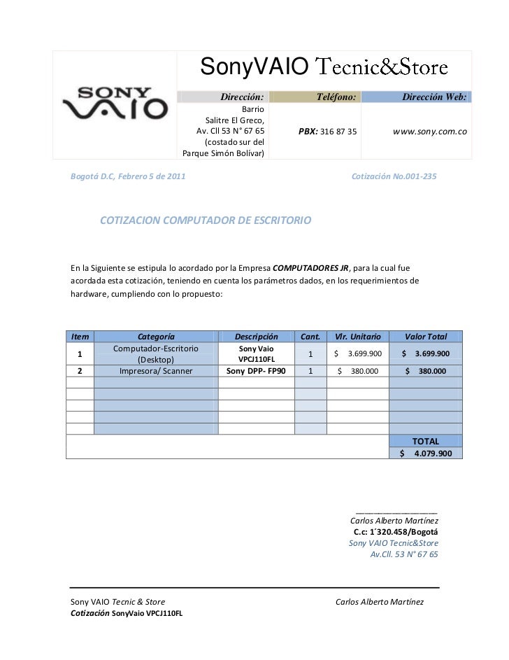 Cotización Sony Vaio Indicom