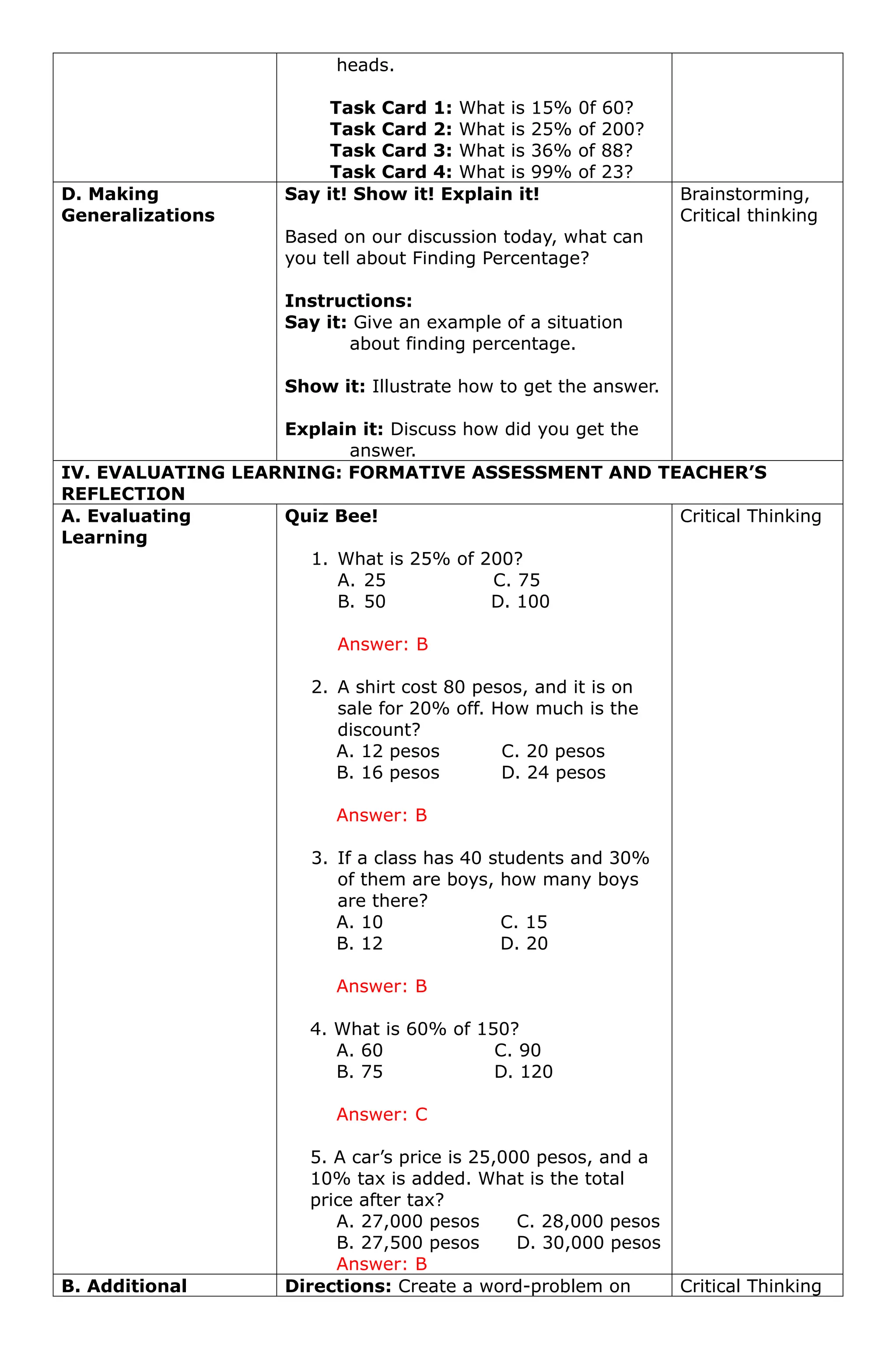 Lesson Plan in Finding Percentage - Grade 5 | DOCX