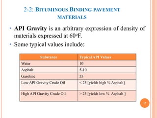2-2: BITUMINOUS BINDING PAVEMENT
MATERIALS
• API Gravity is an arbitrary expression of density of
materials expressed at 60oF.
• Some typical values include:
17
Substance Typical API Values
Water 10
Asphalt 5-10
Gasoline 55
Low API Gravity Crude Oil < 25 [yields high % Asphalt]
High API Gravity Crude Oil > 25 [yields low % Asphalt ]
 