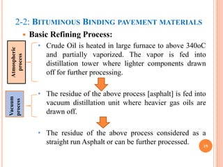 2-2: BITUMINOUS BINDING PAVEMENT MATERIALS
 Basic Refining Process:
• Crude Oil is heated in large furnace to above 340oC
and partially vaporized. The vapor is fed into
distillation tower where lighter components drawn
off for further processing.
• The residue of the above process [asphalt] is fed into
vacuum distillation unit where heavier gas oils are
drawn off.
• The residue of the above process considered as a
straight run Asphalt or can be further processed. 19
Atmospheric
process
Vacuum
process
 
