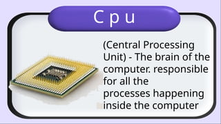 C p u
(Central Processing
Unit) - The brain of the
computer. responsible
for all the
processes happening
inside the computer
 