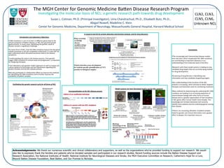 CLN2,	
  CLN3,	
  
CLN5,	
  CLN6,	
  
Unknown	
  NCL	
  
The	
  MGH	
  Center	
  for	
  Genomic	
  Medicine	
  Ba>en	
  Disease	
  Research	
  Program	
  
InvesFgaFng	
  the	
  molecular	
  basis	
  of	
  NCL:	
  a	
  geneFc	
  research	
  path	
  towards	
  drug	
  development	
  
Susan	
  L.	
  Cotman,	
  Ph.D.	
  (Principal	
  InvesFgator),	
  Uma	
  Chandrachud,	
  Ph.D.,	
  Elisabeth	
  Butz,	
  Ph.D.,	
  	
  
Abigail	
  Nowell,	
  Madeline	
  C.	
  Klein	
  
Center	
  for	
  Genomic	
  Medicine,	
  Department	
  of	
  Neurology,	
  Massachuse>s	
  General	
  Hospital,	
  Harvard	
  Medical	
  School	
  
Introduc)on	
  and	
  Laboratory	
  Objec)ves	
  
! 	
  DNA	
  mutaFons	
  in	
  one	
  of	
  at	
  least	
  13	
  diﬀerent	
  genes	
  lead	
  to	
  the	
  
clinical	
  symptoms	
  of	
  Ba>en	
  disease,	
  or	
  NCL	
  (for	
  neuronal	
  ceroid	
  
lipofuscinosis).	
  In	
  some	
  cases,	
  idenFfying	
  the	
  geneFc	
  cause	
  of	
  
disease	
  remains	
  a	
  signiﬁcant	
  challenge.	
  	
  
! In	
  many	
  forms	
  of	
  NCL,	
  how	
  the	
  DNA	
  mutaFons	
  lead	
  to	
  the	
  disrupted	
  
cellular	
  processes	
  is	
  not	
  yet	
  completely	
  understood.	
  It	
  is	
  also	
  sFll	
  not	
  
well	
  understood	
  which	
  disrupted	
  processes	
  lead	
  to	
  the	
  disease	
  
symptoms.	
  
! 	
  Understanding	
  the	
  steps	
  in	
  the	
  disease	
  process,	
  from	
  geneFc	
  
trigger	
  (DNA	
  mutaFon)	
  to	
  clinical	
  onset	
  and	
  progression,	
  is	
  important	
  
for	
  designing	
  therapies.	
  	
  
! 	
  Our	
  laboratory	
  uses	
  geneFc	
  model	
  organisms	
  as	
  well	
  as	
  human	
  cell	
  
culture	
  systems	
  to	
  formulate	
  and	
  test	
  hypotheses	
  regarding	
  NCL	
  
protein	
  funcFon	
  and	
  the	
  NCL	
  disease	
  process.	
  	
  
! We	
  also	
  parFcipate	
  in	
  collaboraFve	
  eﬀorts	
  to	
  improve	
  the	
  methods	
  
for	
  idenFfying	
  the	
  DNA	
  mutaFons	
  and	
  to	
  further	
  improve	
  the	
  
availability	
  of	
  paFent	
  samples.
	
  
	
  
Conclusions	
  
	
  
	
  
! The	
  increasingly	
  well	
  characterized	
  disease	
  models	
  
that	
  now	
  exist,	
  which	
  recapitulate	
  NCL	
  DNA	
  mutaFons,	
  
are	
  contribuFng	
  to	
  important	
  advances	
  in	
  our	
  
understanding	
  of	
  the	
  molecular	
  basis	
  of	
  the	
  NCLs	
  
	
  
! Research	
  with	
  these	
  model	
  systems	
  is	
  leading	
  to	
  new	
  
candidate	
  drug	
  targets	
  that	
  are	
  currently	
  being	
  studied	
  
for	
  drug	
  development	
  
! Screening	
  of	
  drug	
  libraries	
  is	
  idenFfying	
  new	
  
informaFon	
  and	
  new	
  candidate	
  drugs/drug	
  targets	
  
	
  
! Our	
  understanding	
  of	
  the	
  funcFons	
  of	
  the	
  NCL	
  
proteins	
  is	
  increasing,	
  which	
  will	
  lead	
  to	
  be>er	
  targeted	
  
therapies	
  and	
  biomarker	
  tools	
  for	
  monitoring	
  treatment	
  	
  
! New	
  methods	
  for	
  determining	
  the	
  underlying	
  NCL	
  DNA	
  
mutaFons	
  are	
  leading	
  to	
  an	
  increasing	
  awareness	
  of	
  
shared	
  disease	
  biology	
  with	
  other	
  forms	
  of	
  human	
  
disease	
  and	
  in	
  a	
  greater	
  appreciaFon	
  of	
  how	
  mutaFons	
  
in	
  NCL	
  genes	
  aﬀect	
  human	
  health	
  more	
  broadly.	
  This	
  
knowledge	
  will	
  increase	
  awareness	
  and	
  correctly	
  
idenFfy	
  more	
  paFents	
  and	
  the	
  underlying	
  genes	
  causing	
  
their	
  disease	
  
! There	
  is	
  an	
  increasing	
  uFlizaFon	
  of	
  paFent	
  samples	
  
linked	
  to	
  geneFc	
  and	
  clinical	
  informaFon	
  and	
  a	
  greater	
  
eﬀort	
  to	
  deepen	
  this	
  important	
  resource	
  
	
  
	
  
Acknowledgements: We thank our numerous scientific and clinical collaborators and supporters, as well as the organizations who’ve provided funding to support our research. We would
also like to expressly thank the families and patients who’ve donated samples and participated in our research studies. Recent funding sources include the Batten Disease Support and
Research Association, the National Institutes of Health: National Institute for Neurological Diseases and Stroke, the MGH Executive Committee on Research, Catherine’s Hope for a Cure,
Beyond Batten Disease Foundation, Beat Batten, and Our Promise to Nicholas.
A	
  research	
  tool-­‐kit	
  for	
  protein	
  detec)on	
  and	
  func)on	
  analysis,	
  and	
  for	
  drug	
  discovery	
  
	
  
Drug screening
to identify
disease
modifiers/drugs
-unbiased drug libraries
-candidate drug testing
Protein detection assay development
for isoform-specific quantification of NCL
proteins in biological samples
	
	
  
Facilita)ng	
  the	
  gene)c	
  research	
  cycle	
  for	
  all	
  forms	
  of	
  NCL
	
	
  
	
  
Conceptualiza)on	
  of	
  the	
  NCL	
  disease	
  process	
  
	
	
  
Model	
  systems	
  we	
  have	
  developed	
  and/or	
  use	
  for	
  NCL	
  research	
  
	
  
GeneFc	
  Studies	
  to	
  IdenFfy	
  
‘Unknowns’	
  and	
  GeneFc	
  
Modiﬁers	
  
• Next	
  GeneraFon	
  
Sequencing	
  of	
  Whole	
  
Exomes/Genomes	
  
• Candidate	
  Gene	
  
Screening	
  
• Adult	
  NCL	
  Gene	
  
Discovery	
  ConsorFum	
  
• AnalyFc	
  and	
  
TranslaFonal	
  GeneFcs	
  
Unit	
  of	
  MGH	
  (Dr.	
  Mark	
  
Daly,	
  Dr.	
  Daniel	
  
MacArthur)	
  
Mouse	
  models	
  and	
  cell	
  culture	
  models	
  	
  
	
  
•  Useful	
  in	
  idenFfying	
  	
  possible	
  early,	
  pre-­‐
clinical	
  symptoms	
  
•  Biomarkers	
  development	
  
•  Improved	
  descripFon	
  of	
  the	
  disease	
  
process	
  
•  Preclinical	
  tesFng	
  of	
  candidate	
  disease	
  
modifying	
  treatments	
  
	
  
	
  
	
  
Screening	
  for	
  drugs	
  using	
  	
  
mouse	
  and	
  human	
  neuronal	
  
cells	
  
• Unbiased	
  screen	
  of	
  a	
  large	
  
drug	
  library	
  	
  
• CollaboraFng	
  partners	
  with	
  
other	
  academic	
  labs	
  and	
  
pharmaceuFcal/biotech	
  
companies	
  to	
  test	
  candidate	
  
treatments,	
  either	
  small	
  
molecule	
  or	
  other	
  geneFc	
  
approaches	
  
Systems	
  for	
  translaFon	
  of	
  ﬁndings	
  
to	
  human	
  paFents	
  
Fibroblasts	
  
Lymphoblasts	
  
**Human	
  induced	
  pluripotent	
  
stem	
  cells	
  (hiPS	
  cells)—can	
  be	
  
diﬀerenFated	
  into	
  aﬀected	
  cell	
  
types,	
  like	
  neurons	
  and	
  glia	
  
MGH-­‐Ba>en	
  Disease	
  Center	
  
• Clinic:	
  paFent	
  care	
  and	
  
opFonal	
  research	
  study	
  
enrollment	
  (Dr.	
  Kathryn	
  
Swoboda,	
  Dr.	
  Florian	
  Eichler)	
  
• NCL	
  Registry	
  and	
  Biorepository	
  
• CollaboraFonwith	
  Dr.	
  Jon	
  Mink	
  
(U	
  of	
  Rochester)	
  and	
  Dr.	
  Forbes	
  
Porter	
  (NIH),	
  and	
  others,	
  to	
  
deepen	
  biological	
  samples	
  
linked	
  to	
  clinical	
  and	
  geneFc	
  
informaFon	
  
Cln3∆ex7/8 knock-in mice
• Genetic replica of the ~1-kb
deletion mutation most frequently
observed in CLN3 patients
• Cln6nclf mice
• Tpp1knock-out mice
(provided by Drs. Lobel and Sleat)
CbCln3∆ex7/8 and
CbCln6nclf mouse
neuronal precursor cells
Patient fibroblasts and
reprogrammed human induced
pluripotent stem (hiPS) cells (all
forms of NCL)
Can be turned into brain cells and
other relevant cell types
• Phenotyping
(characterizing abnormalities at
the cellular and whole
organism level)
• Disease modifier studies
(cell-based screening and mouse
modifier studies)
• Molecular analysis
(single gene and genomic level)
Potential modifiers:
Mitochondrial pathways
Intracellular Ca2+
Autophagy pathway modifiers
êAutophagy clearance
êendocytosis
êlysosomal protein trafficking
Mitochondrial changes
Subunit c
storage
Sensorimotor
processing affected
Gliosis
Motor function decline
Working
chronology of the
disease process in
NCL genetic
models
cln3 knockout Dictyostelium
discoideum (collaboration
with Dr. Rob Huber)
•  Social amoeba, single cell
stage to multicellular stage
developmental life cycle
•  Expression of human
CLN3 in the cln3- Dicty
cells rescues
abnormalities
demonstrating conserved
function across evolution
Conception
NCL gene status
= two abnormal copies of an NCL gene
Lifeline of a person with two NCL mutations
Clinical Diagnosis
End-stage
disease
Conception
NCL gene status
= at least one normal copy of NCL gene
End-of-life
Lifeline of an unaffected individual
•  Different genetic or environmental modifiers could act at
different stages and affect the progression towards end-stage
disease, which primarily affects the brain and eyes. However,
new research indicates other organ systems may also ultimately
become affected.
•  Identifying these modifying factors and then targeting them
through interventions/drugs (blue arrows) could slow or halt
further advancement of disease progression. We also have to
develop better ways of monitoring the effects of treatments,
which are a key component of successful clinical trials and
reaching new drug approval.
CLN3	
Drug libraries (e.g. >2000
FDA-approved drugs)
1. Assays are developed that measure a difference between
unaffected and affected cells. In this example, there are
more green dots (a lysosome-related structure called an
autophagosome, labeled by a fluorescent marker) in
affected cells than in unaffected cells.
2. Automated screen performed
3. Hits identified that make the
affected cells look more like the
unaffected cells (e.g. potential drugs,
also tool compounds for research)
4. Follow-up studies and
optimization are performed, which
often leads to new rounds of
modified drug library testing
Unaffected Affected	
 