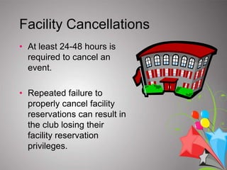 You must complete an online Facilities Use Request Form at least 2 weeks before the event.