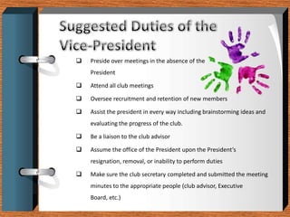 It is also important to realize that people are watching you! As a club officer, you are representing your club and PVCC. It is important that you model behaviors such as Integrity, Responsibility, Commitment, Respect, and more!Being a Club OfficerRemember: No one is perfect!But that is why you have the other club officers and your advisors to help you.