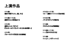 上演作品
4/18(金)
篠田千明『アントン、猫、クリ』
4/18(金)～19(土)
劇団うりんこ『妥協点 P』
4/20(日)
劇団ユニット・ラビッツ
『ラッキー☆アイランド～のこされ島奇譚～』
4/24(木)
ブルーエゴナク『交互に光る動物』
4/26(土)～27(日)
１４+ × 劇団HIT!STAGE『血の家』
4/29(火・祝)
ノアノオモチャバコ『胎内』
5/16(金)　
プロジェクト大山『御開帳』
5/16(金)～17(土)
t t u 『おやすみカフカ』
5/23(金)
Gongter_DA『Foolish』
 