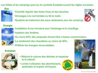 Les hôtels et les campings pourvus du symbole Ecolabel suivent les règles suivantes:
Eau
•Contrôle régulier des fuites d’eau et des douches.
•Arrosages à la nuit tombée ou tôt le matin.
•Système de traitement des eaux résiduaires pour les campings
Energie
•Installation d’une minuterie pour l’éclairage et le chauffage.
•Isolation des fenêtres.
•Au moins 60% des ampoules doivent être à basse consommation.
•Le rendement des chaudières au moins de 90%.
•Préférer les énergies renouvelables.
Entretien
• Réduire le volume des déchets et respecter
le tri sélectif.
• Limiter l’utilisation des désinfectants,
pesticides et engrais chimiques.
Prof.ssa Viviana Zoppo

 