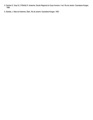 5. Gardner E, Gray DJ, O’Rahilly R. Anatomia. Estudo Regional do Corpo Humano. 4 ed. Rio de Janeiro: Guanabara Koogan,
   1988.

6. Sobotta, J. Atlas de Anatomia. 20ed., Rio de Janeiro: Guanabara Koogan, 1993.
 