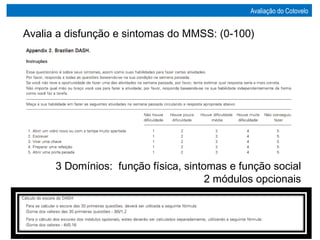 3 Domínios: função física, sintomas e função social
2 módulos opcionais
Avalia a disfunção e sintomas do MMSS: (0-100)
Avaliação do Cotovelo
 