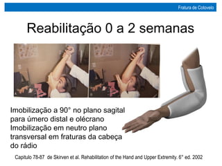 Capitulo 78-87 de Skirven et al. Rehabilitation of the Hand and Upper Extremity. 6° ed. 2002
Imobilização a 90° no plano sagital
para úmero distal e olécrano
Imobilização em neutro plano
transversal em fraturas da cabeça
do rádio
Reabilitação 0 a 2 semanas
Fratura de Cotovelo
 