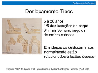 Deslocamento-Tipos
Deslocamento de Cotovelo
Capitulo 78-87 de Skirven et al. Rehabilitation of the Hand and Upper Extremity. 6° ed. 2002
5 a 20 anos
1/5 das luxações do corpo
3° mais comum, seguida
de ombro e dedos
Em idosos os deslocamentos
normalmente estão
relacionados à lesões ósseas
 