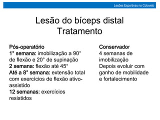 Lesão do bíceps distal
Tratamento
Pós-operatório
1° semana: imobilização a 90°
de flexão e 20° de supinação
2 semana: flexão até 45°
Até a 8° semana: extensão total
com exercícios de flexão ativo-
assistido
12 semanas: exercícios
resistidos
Conservador
4 semanas de
imobilização
Depois evoluir com
ganho de mobilidade
e fortalecimento
Lesões Esportivas no Cotovelo
 