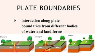 PLATE BOUNDARIES
 interaction along plate
boundaries from different bodies
of water and land forms
 