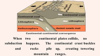 When two continental plates collide, no
subduction happens. The continental crust buckles
and rocks pile up, creating towering
mountain ranges.
 