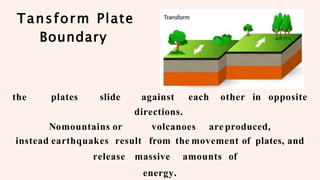 Tansform Plate
Boundary
the plates slide against each other in opposite
directions.
Nomountains or volcanoes are produced,
instead earthquakes result from the movement of plates, and
release massive amounts of
energy.
 