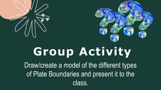 Group Activity
Draw/create a model of the different types
of Plate Boundaries and present it to the
class.
 