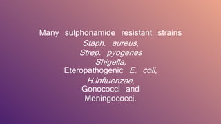 Many sulphonamide resistant strains
Staph. aureus,
Strep. pyogenes
Shigella,
Eteropathogenic E. coli,
H.inftuenzae,
Gonococci and
Meningococci.
 