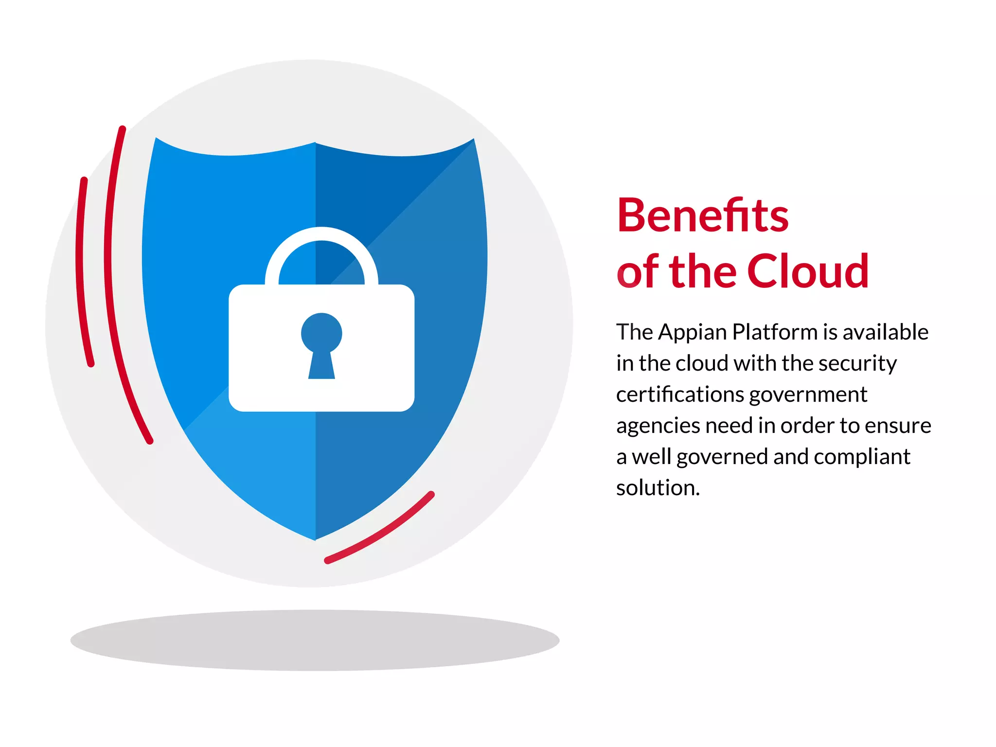 Beneﬁts
of the Cloud
The Appian Platform is available
in the cloud with the security
certiﬁcations government
agencies need in order to ensure
a well governed and compliant
solution.
 
